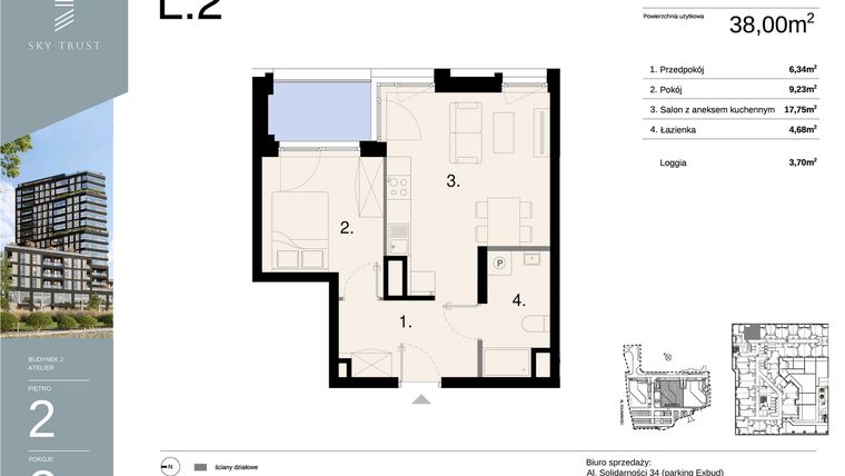 Rzut - Mieszkanie na sprzedaż 2 pokoje o powierzchni 38 m² - numer L2 w Sky Trust etap II - apartamenty inwestycyjne 23% VAT PRS
