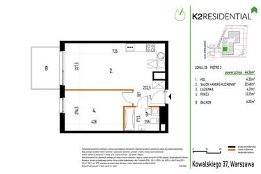 Rzut - Mieszkanie na sprzedaż 2 pokoje o powierzchni 44,36 m² - numer 28 w Kowalskiego 37