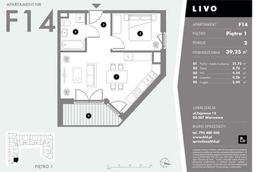 Rzut - Mieszkanie na sprzedaż 2 pokoje o powierzchni 39,25 m² - numer F14 w Livo