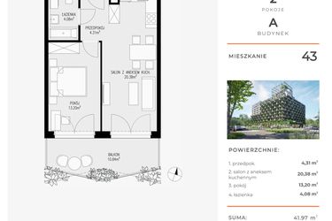 Rzut - Mieszkanie na sprzedaż 2 pokoje o powierzchni 41,97 m² - numer 43 w Semiramis