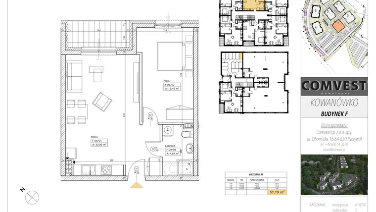 Rzut - Mieszkanie na sprzedaż 2 pokoje o powierzchni 51,19 m² - numer F9 w Kowanówko