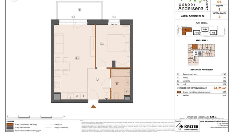 Rzut - Mieszkanie na sprzedaż 2 pokoje o powierzchni 44,21 m² - numer 5A w Ogrody Andersena