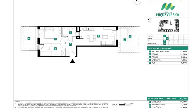 Rzut - Mieszkanie na sprzedaż 3 pokoje o powierzchni 52,62 m² - numer 23 w Osiedle Międzyleska - etap II