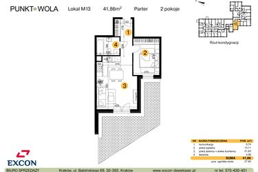 Rzut - Mieszkanie na sprzedaż 2 pokoje o powierzchni 41,86 m² - numer M13 w Punkt Wola