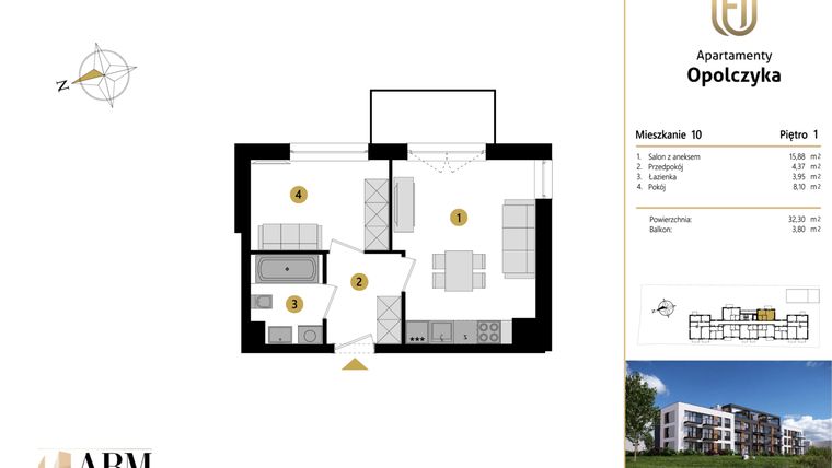 Rzut - Mieszkanie na sprzedaż 2 pokoje o powierzchni 32,3 m² - numer M10 w Apartamenty Opolczyka