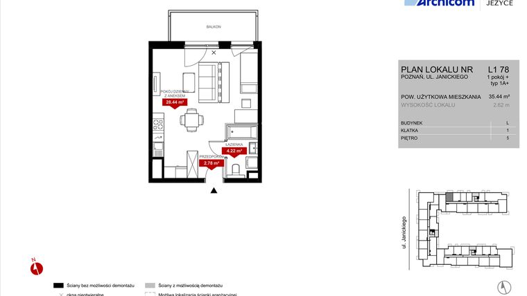 Rzut - Mieszkanie na sprzedaż 1 pokój o powierzchni 35,44 m² - numer L1.78 w Wieża Jeżyce etap VI