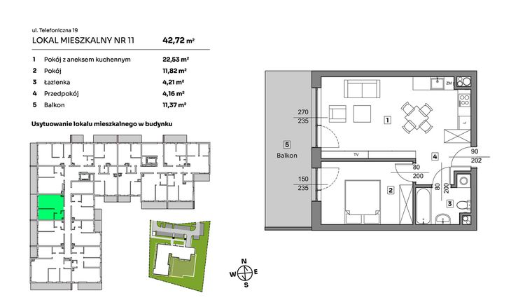 Rzut - Mieszkanie na sprzedaż 2 pokoje o powierzchni 42,72 m² - numer 11 w Nova Radiostacja
