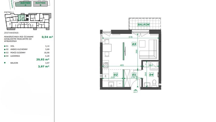 Rzut - Mieszkanie na sprzedaż 1 pokój o powierzchni 30,47 m² - numer A.1.7 w Apartamenty Pszczyńska
