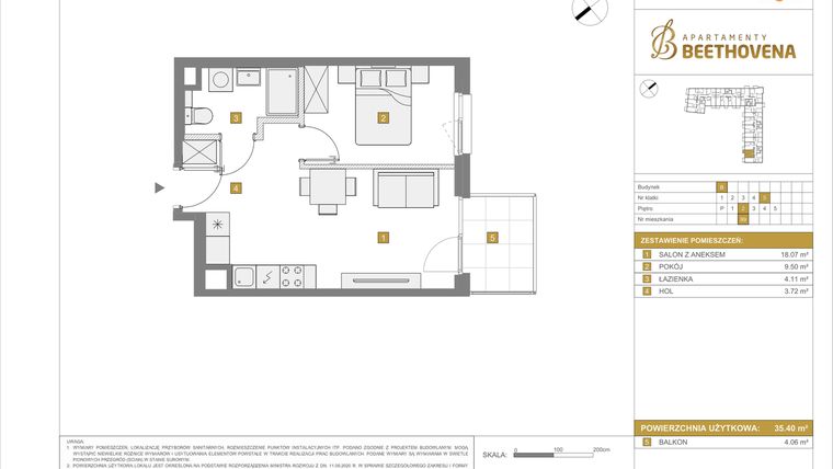 Rzut - Mieszkanie na sprzedaż 2 pokoje o powierzchni 35,4 m² - numer B99 w Apartamenty Beethovena