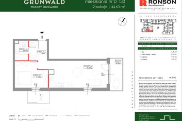 Rzut - Mieszkanie na sprzedaż 2 pokoje o powierzchni 44,6 m² - numer D130 w Grunwald Między Drzewami etap III