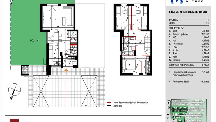 Rzut - Mieszkanie na sprzedaż 4 pokoje o powierzchni 78,79 m² - numer 1.1 w Przystań Młynek
