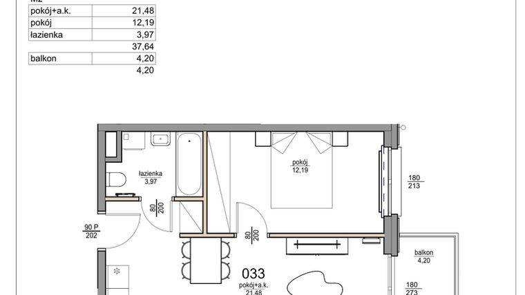 Rzut - Mieszkanie na sprzedaż 2 pokoje o powierzchni 37,64 m² - numer 33 w Rezydencja Liwska 3