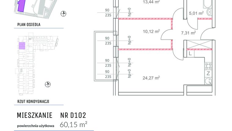 Rzut - Mieszkanie na sprzedaż 3 pokoje o powierzchni 60,15 m² - numer D102 w Osiedle Impresja 2