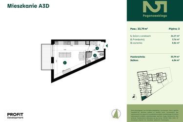Rzut - Mieszkanie na sprzedaż 1 pokój o powierzchni 33,79 m² - numer POGO2/A/3D w Pogonowskiego 52