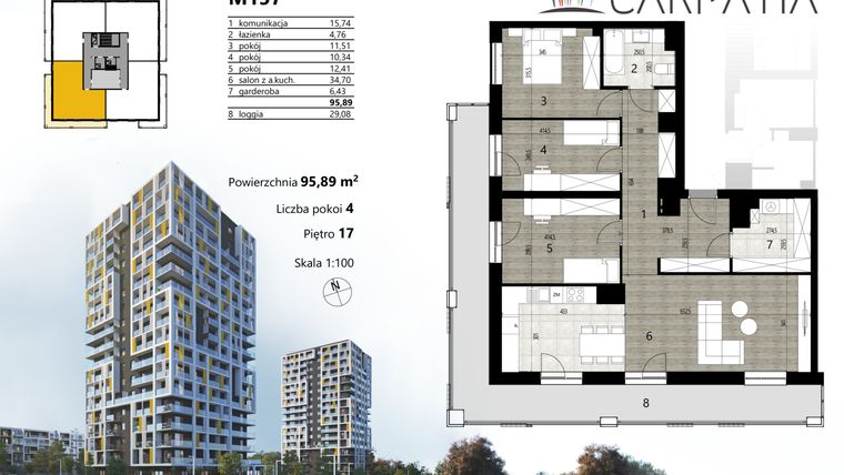Rzut - Mieszkanie na sprzedaż 4 pokoje o powierzchni 95,57 m² - numer A2.157 w Osiedle Carpatia Etap II