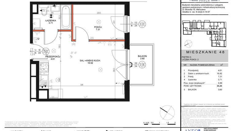 Rzut - Mieszkanie na sprzedaż 2 pokoje o powierzchni 33,44 m² - numer 48 w Patio Praga