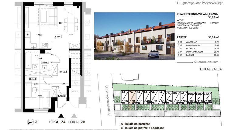 Rzut - Mieszkanie na sprzedaż 3 pokoje o powierzchni 53,92 m² - numer 2A w Apartamenty Paderewskiego 10