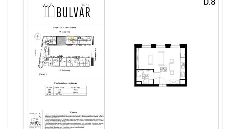 Rzut - Mieszkanie na sprzedaż 1 pokój o powierzchni 28,52 m² - numer D8 w Bulvar etap II