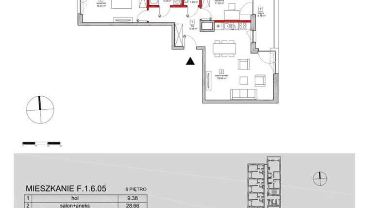 Rzut - Mieszkanie na sprzedaż 3 pokoje o powierzchni 74,07 m² - numer F.1.6.05 w ATAL SKY+ bud. D-F