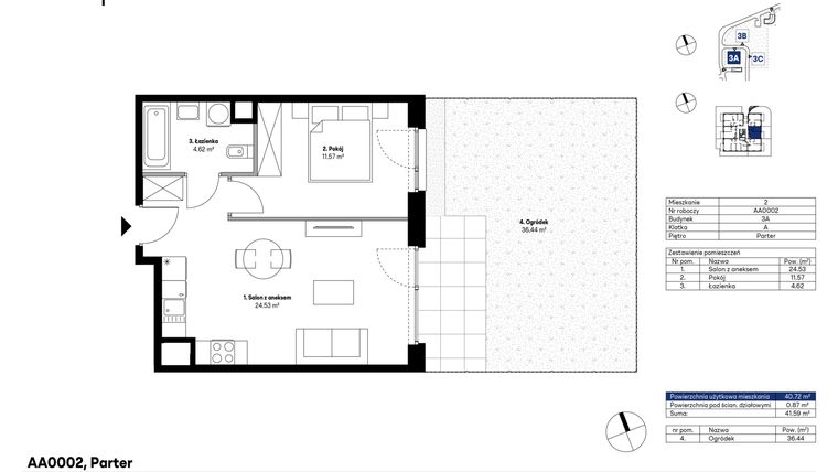 Rzut - Mieszkanie na sprzedaż 2 pokoje o powierzchni 40,72 m² - numer AA0002 w NU3 Warszawa Wola