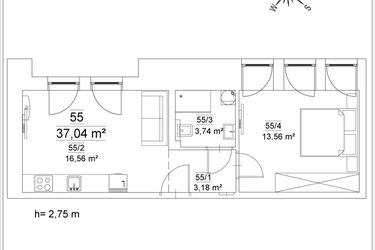 Rzut - Mieszkanie na sprzedaż 2 pokoje o powierzchni 37,04 m² - numer 55 w Osiedle Teatralne 19 - apartamenty inwestycyjne