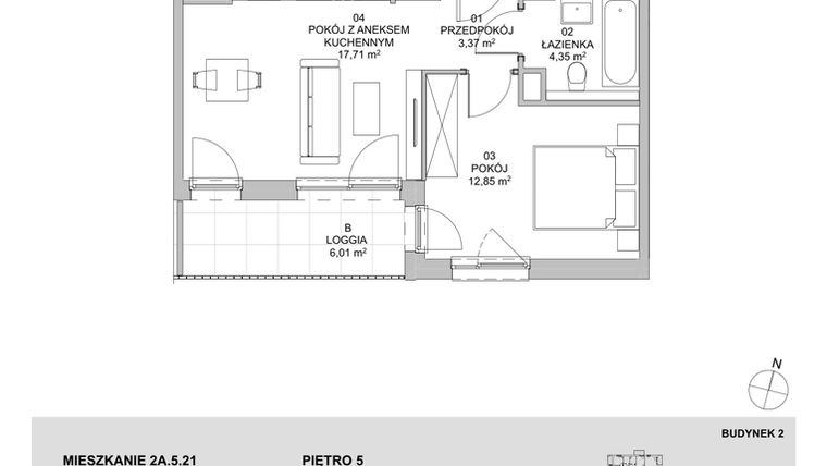 Rzut - Mieszkanie na sprzedaż 2 pokoje o powierzchni 38,28 m² - numer 2A.5.21 w Francuska Park VIIIA