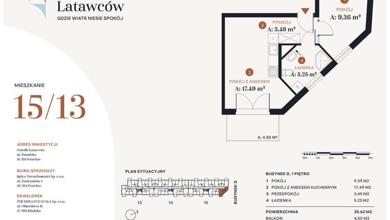 Rzut - Mieszkanie na sprzedaż 2 pokoje o powierzchni 35,62 m² - numer D15-13 w Osiedle Latawców