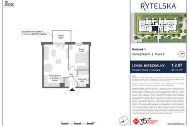 Rzut - Mieszkanie na sprzedaż 2 pokoje o powierzchni 45,19 m² - numer 1.2.07 w Rytelska