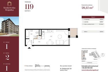 Rzut - Mieszkanie na sprzedaż 1 pokój o powierzchni 26,12 m² - numer 1.M119 w Krakowska Rogatka
