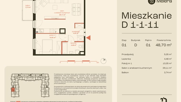 Rzut - Mieszkanie na sprzedaż 2 pokoje o powierzchni 48,7 m² - numer D1-1-11 w Osiedle Meiera