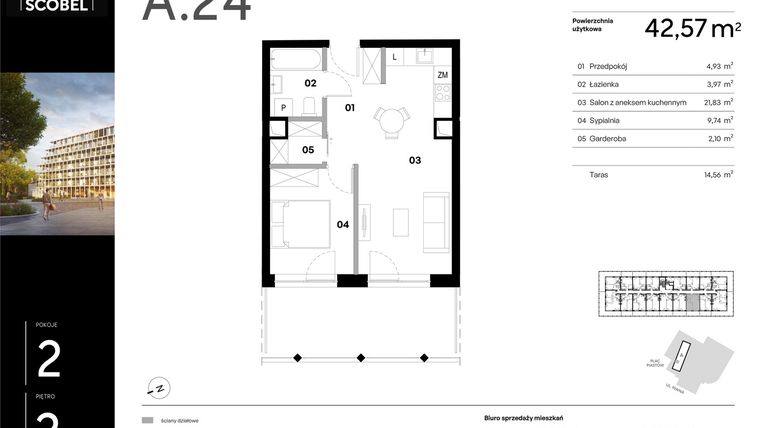 Rzut - Mieszkanie na sprzedaż 2 pokoje o powierzchni 42,57 m² - numer A.24 w Browar HUGO SCOBEL