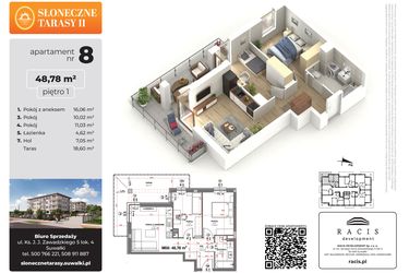 Rzut - Mieszkanie na sprzedaż 3 pokoje o powierzchni 48,78 m² - numer 8 w Słoneczne Tarasy II etap 2