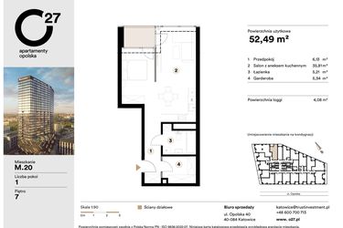 Rzut - Mieszkanie na sprzedaż 1 pokój o powierzchni 52,92 m² - numer M.20 w O27 Apartamenty Opolska