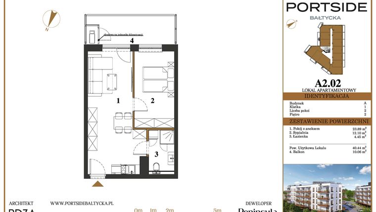Rzut - Mieszkanie na sprzedaż 2 pokoje o powierzchni 40,44 m² - numer A2.02 w Portside Bałtycka