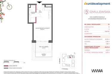 Rzut - Mieszkanie na sprzedaż 1 pokój o powierzchni 26,57 m² - numer B/76 w Omulewska