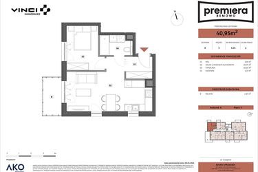 Rzut - Mieszkanie na sprzedaż 2 pokoje o powierzchni 40,95 m² - numer A.24 w Premiera Bemowo