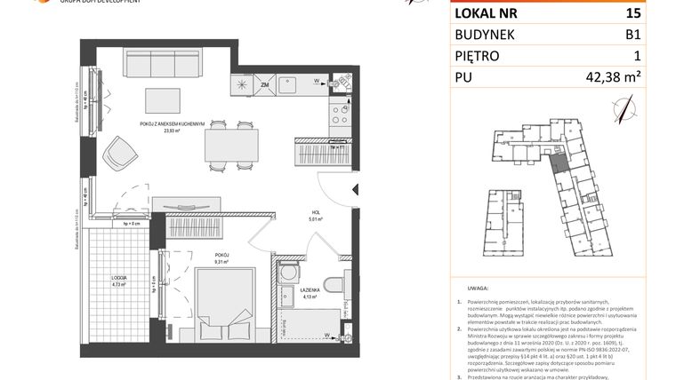 Rzut - Mieszkanie na sprzedaż 2 pokoje o powierzchni 42,38 m² - numer B1.15 w Zajezdnia Motława