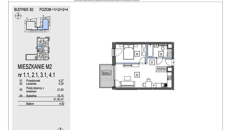 Rzut - Mieszkanie na sprzedaż 2 pokoje o powierzchni 41,35 m² - numer B2.2.1 w Chryzantemovo