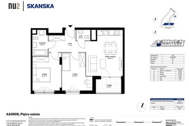 Rzut - Mieszkanie na sprzedaż 3 pokoje o powierzchni 57,97 m² - numer AA0608 w NU2 Warszawa Wola