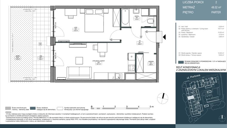 Rzut - Mieszkanie na sprzedaż 2 pokoje o powierzchni 49,52 m² - numer 59 w Portowa Zabłocie