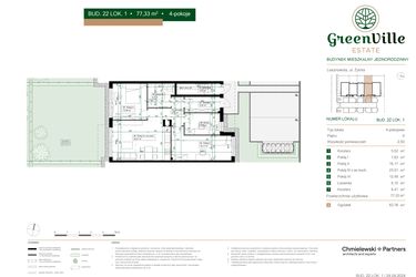 Rzut - Mieszkanie na sprzedaż 4 pokoje o powierzchni 77,33 m² - numer 22.1 w Green Ville