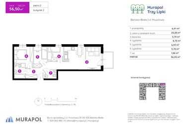Rzut - Mieszkanie na sprzedaż 4 pokoje o powierzchni 57 m² - numer 2.B.2.01 w Murapol Trzy Lipki etap II