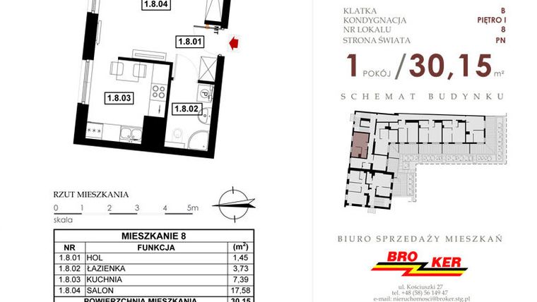 Rzut - Mieszkanie na sprzedaż 1 pokój o powierzchni 30,54 m² - numer B8 w Moderato I