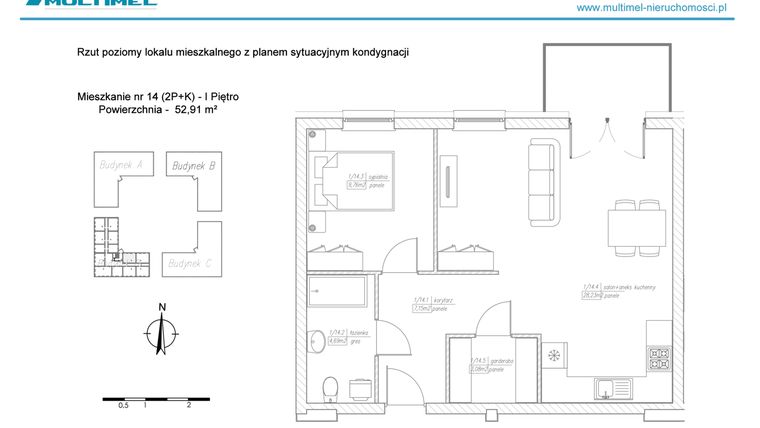 Rzut - Mieszkanie na sprzedaż 3 pokoje o powierzchni 52,43 m² - numer 14D w Dominów Rynek