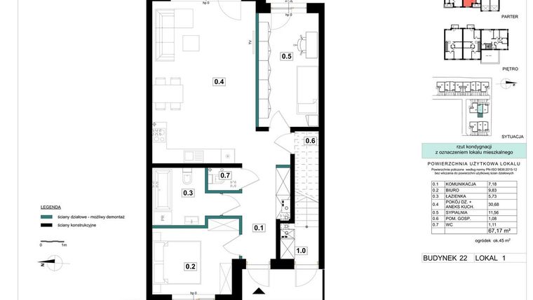 Rzut - Mieszkanie na sprzedaż 3 pokoje o powierzchni 67,17 m² - numer 22-1 w Błonie Bosco