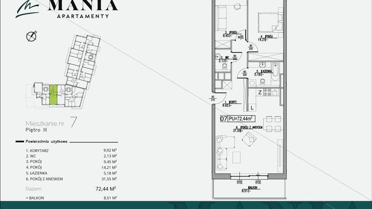 Rzut - Mieszkanie na sprzedaż 3 pokoje o powierzchni 72,44 m² - numer 7 w MANIA Apartamenty