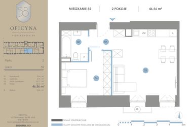 Rzut - Mieszkanie na sprzedaż 2 pokoje o powierzchni 46,56 m² - numer 55 w Oficyna - mieszkania