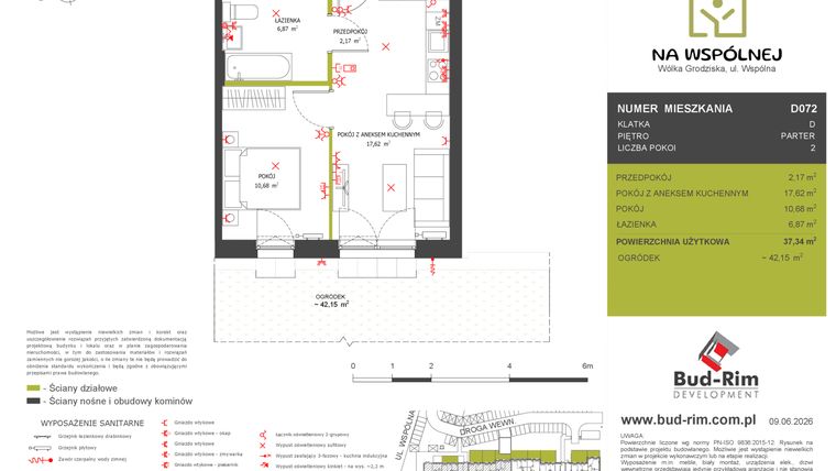 Rzut - Mieszkanie na sprzedaż 2 pokoje o powierzchni 37,34 m² - numer D72 w Na Wspólnej etap 2