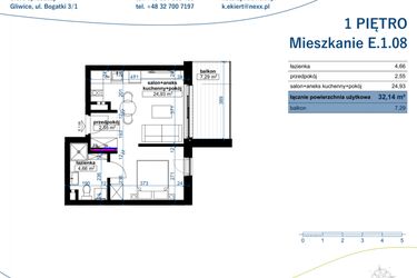 Rzut - Mieszkanie na sprzedaż 1 pokój o powierzchni 32,14 m² - numer E.1.08 w Wzgórze Poetów 2