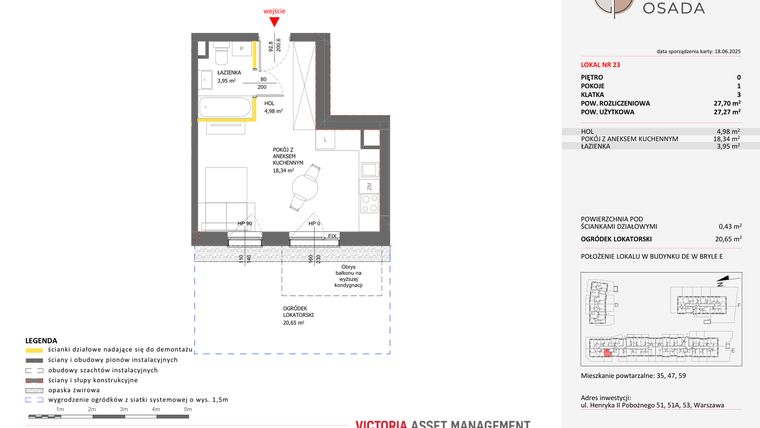 Rzut - Mieszkanie na sprzedaż 1 pokój o powierzchni 27,7 m² - numer E.23 w Piastova Osada